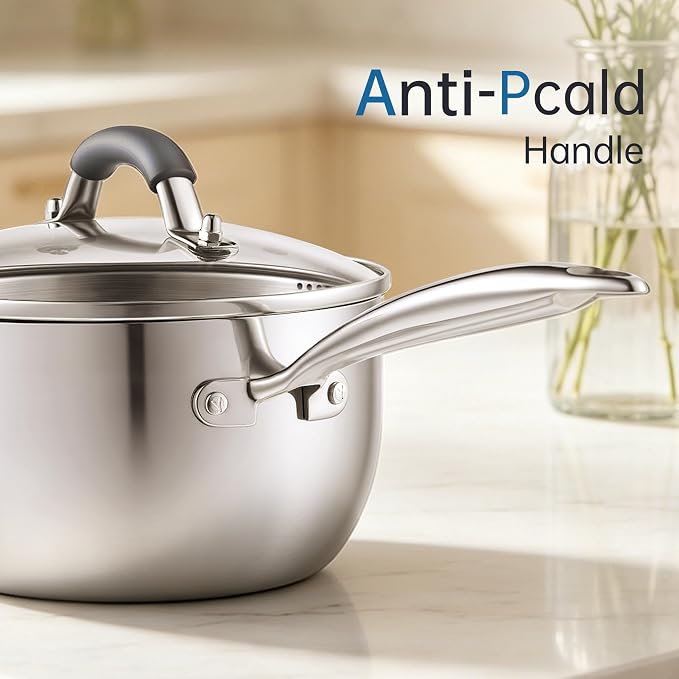 Tri-Ply Stainless Steel Sauce Pan, 2.5 Qt Saucepan with Strainer Lid | Non-Toxic, Dual Pour Spouts, Measurement Mark, Compatible All Cooktops, Anti-Scald Handle, Oven Safe 500°F, Dishwasher Safe
