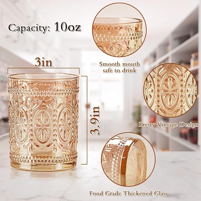 Darlion Amber Glassware, Vintage Drinking Glasses, 10oz Amber Glass Cups | Food Grade Glass, Lead-Free Glass, Durable&Sturdy, Vintage Decoration