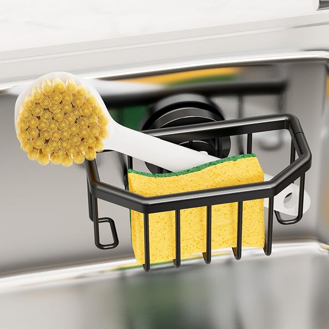 TAILI Sponge Holder for Kitchen Sink with Strong Suction Cup-Black | Removable Sink Caddy for Kitchen Sink Oganizer, Rustproof Aluminum Sink Sponge Holder for Scraper Brushes, Stoppers