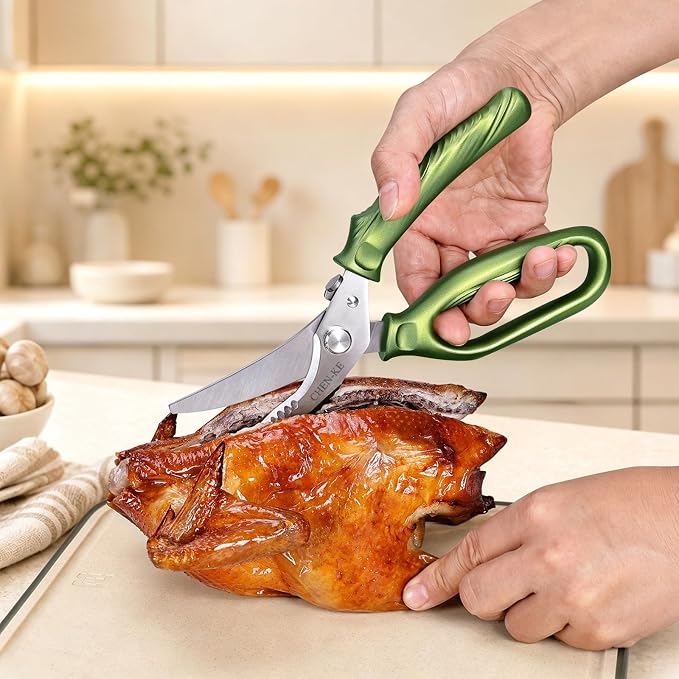 CHEN-KE Rust Resistant Heavy Duty Multipurpose Kitchen Shears-Green | Stainless Steel Kitchen Scissors, One-Hand, Ergonomic Grip, Sharp Durable Poultry Scissors for Chicken, Meat, Food Cutting