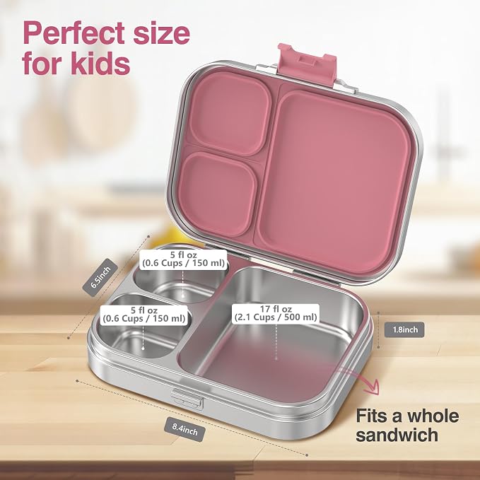 HOMEKOL Stainless Steel Bento Lunch Box 3 Compartments, 3.3 Cups, Pink | for Kids Adults, Leak-Proof Metal Container for Office School Picnic, BPA-Free, Dishwasher Safe, 800ml (Not Insulated)