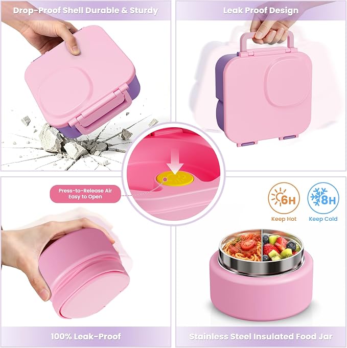 wiwens Kids Bento Lunch Box with Soup Thermo Food Lunch Container for Kid | 4 Compartment Leak-Proof Kids Lunch Box,9oz Stainless Steel Insulated Hot Food Jar,for Boys Girls Toddler to School Travel