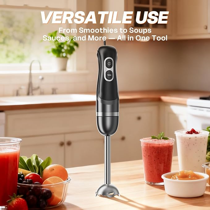 Turelar Immersion Blender Corded 400W, 2 Speed, Emulsifier, Blend, BPA-Free | Hand Blender Stick Mixer, Ergonomic Handle, Stainless Steel Blades, Effortless Blending for Soup, Smoothies, Puree, Baby Food