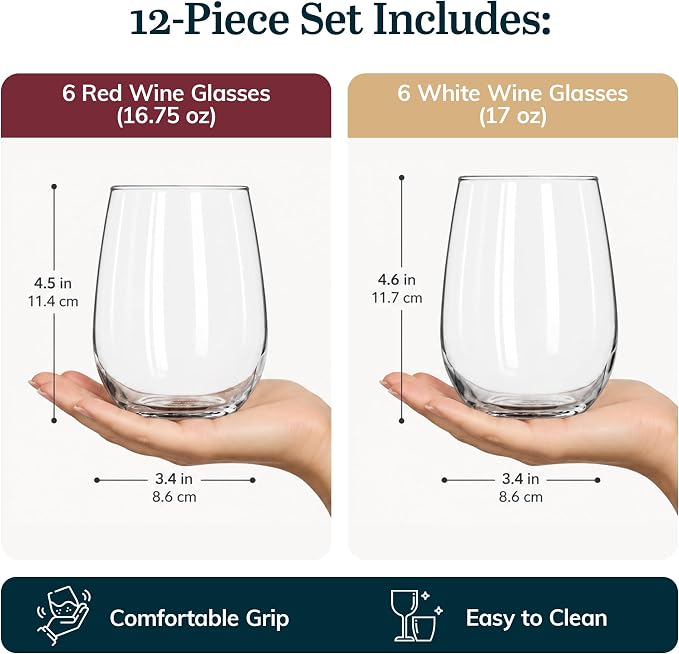 Libbey Stemless Wine Glasses Set of 12, Dishwasher Safe Set Of Wine Glasses, Perfect for Cocktails, Water, and Outdoor Glassware