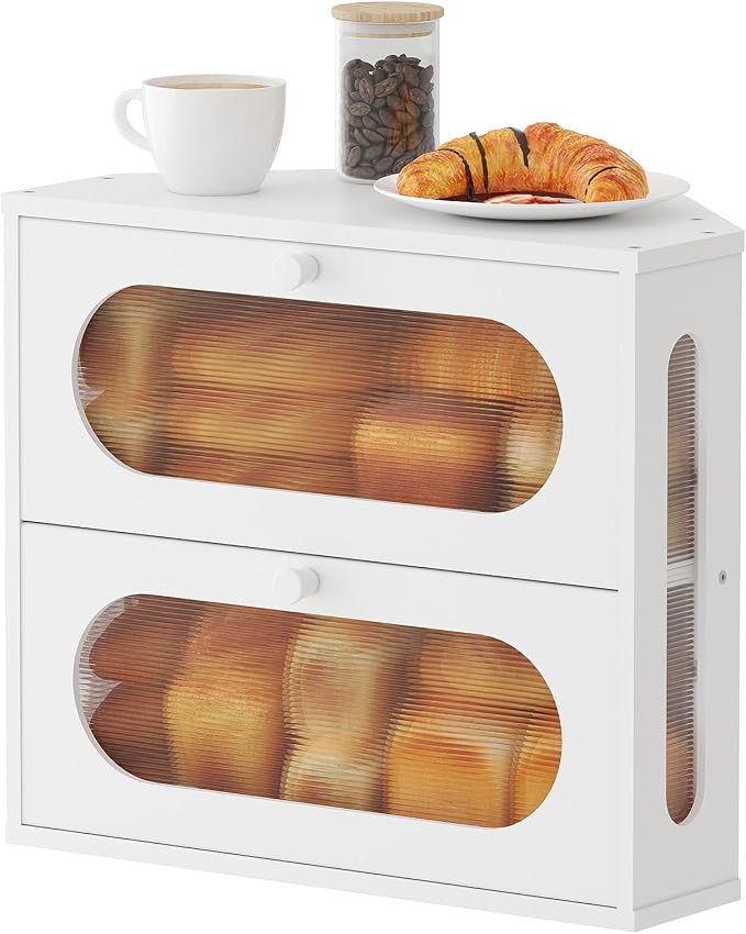 Corner Bread Box for Kitchen Countertop, 2026 New Double Layer Bamboo Bread Storage Bin, Large Bread Container for homemade bread (White)