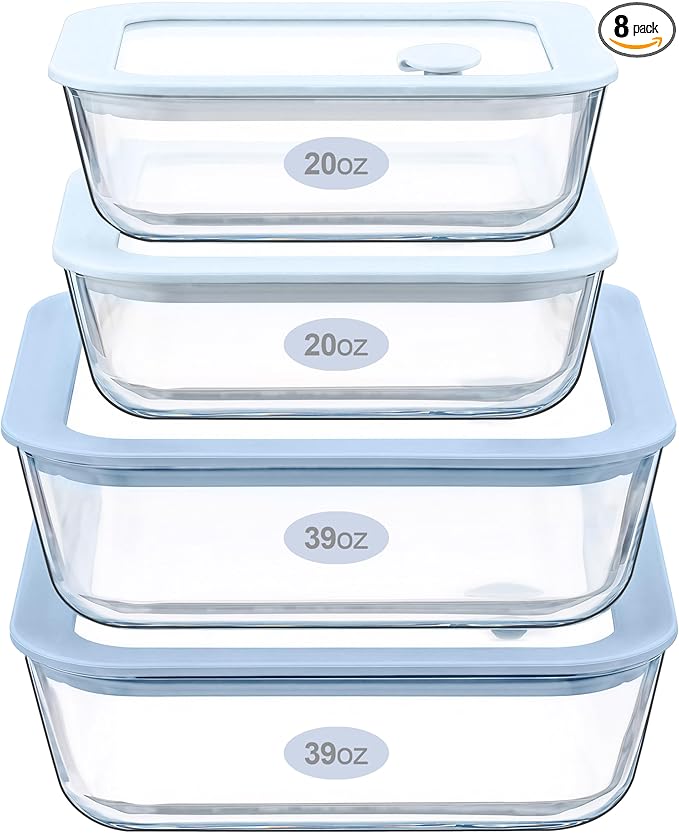 Glass Food Container Set with Silicone Glass Lid, Square Shape, 4 Pack, Airtight, LeakProof, 100% Plastic Free, Meal Prep Food Storage Containers, Blue Color
