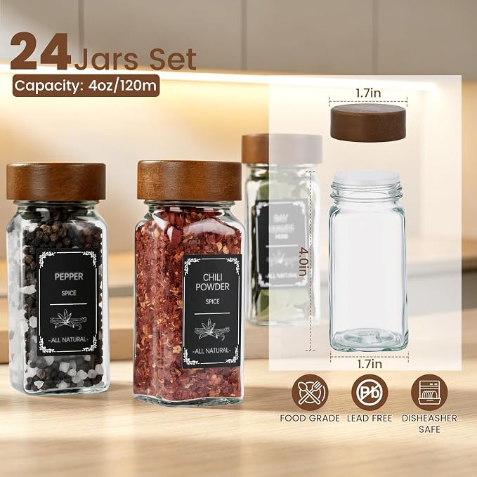 2 Pack Spice Rack with 24 Spice Jars, 4OZ Wood Lid Spice Containers with Expandable Spice Organizer Shelf, Spice Labels, Pepper Grinder Lids, Chalk Marker & Funnel Set for Drawer Kitchen Countertop