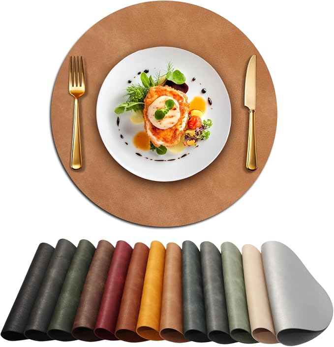 UnivoColors Placemats Round Faux Leather Placemats Set of 8-Waterproof-Wipe Clean-Heat Resistant-Anti Slip Dining Table Place Mats,Suitable for Indoor & Outdoor Use,15".Retro Camel