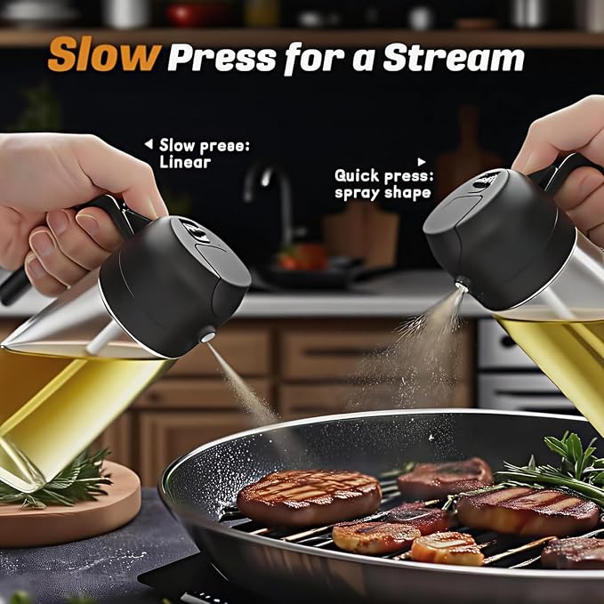 2PCS 16oz/470ml Glass Olive Oil Sprayer for Cooking - 2 in 1 Olive Oil Dispenser for Kitchen Gadgets, Air Fryer, Salad, and BBQ (Black & Black)