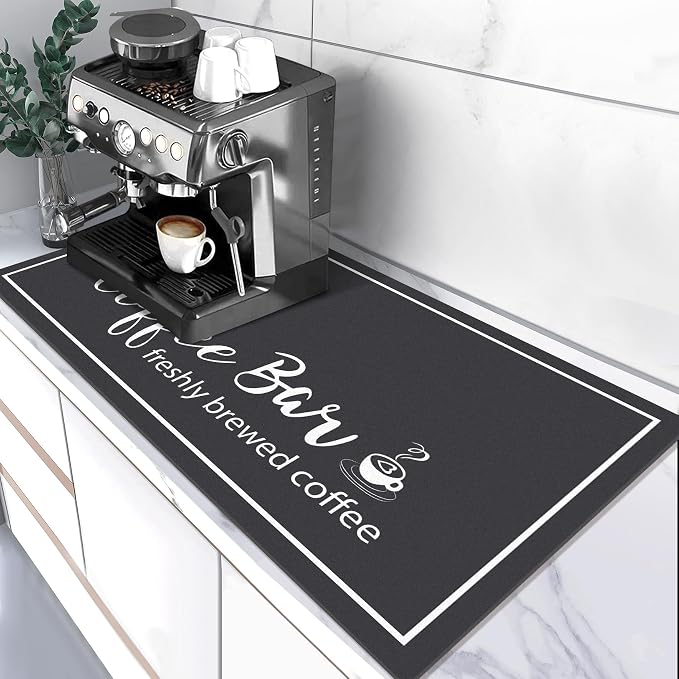 Findosom Dish Drying Mat, 17"x 32" Super Absorbent & Hide Stain Coffee Mat, Cuttable Drying Mat for Kitchen Counter, Coffee Bar Accessories, Under Dish Rack, Coffee Maker, Espresso Machine, Black