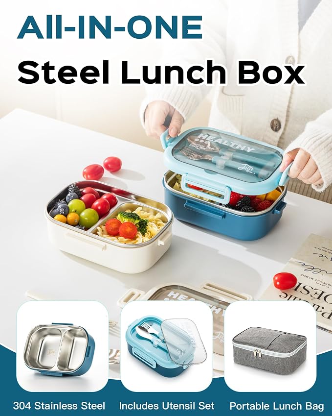 Lille Home 28oz Stainless Steel Leakproof 2-Compartment Bento Lunch Box | Portion Control Metal Lunch Box Food Container with Lunch Bag and Cutlery Set, BPA Free (Light Blue)