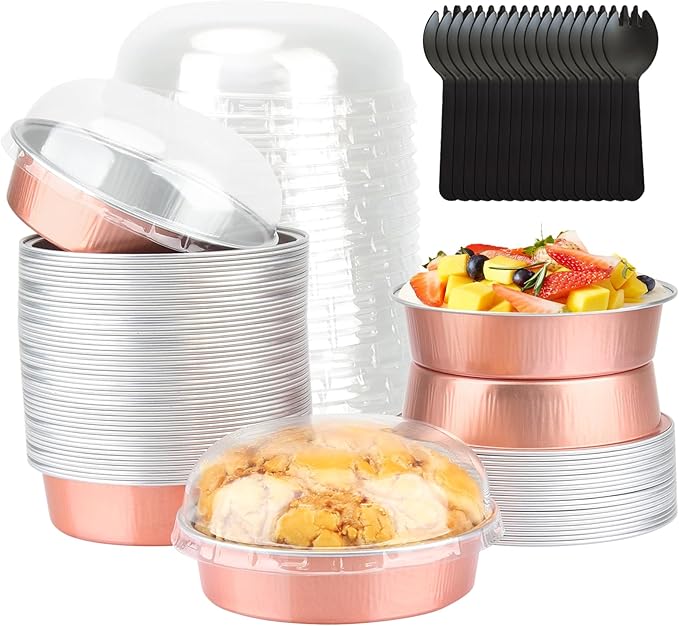 LNYZQUS 8oz Mini Pie Tins with Lids 50 Pack, 4 Inch Individual Cake Pans | Foil Disposable, Small Cake Tins, Mini Pie Containers, for Bake Sale Baking and Packaging, Round Champagne