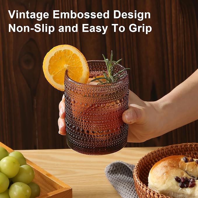 ZMOWIPDL Drinking Glasses Set of 12,Purple 12oz & 15oz Hobnail Glass Cups | Vintage Glassware，Embossed Water Tumbler,for Beer,Cocktail,Whiskey,Juice and Various Mixed Drinks- 1 Cleaning Brush