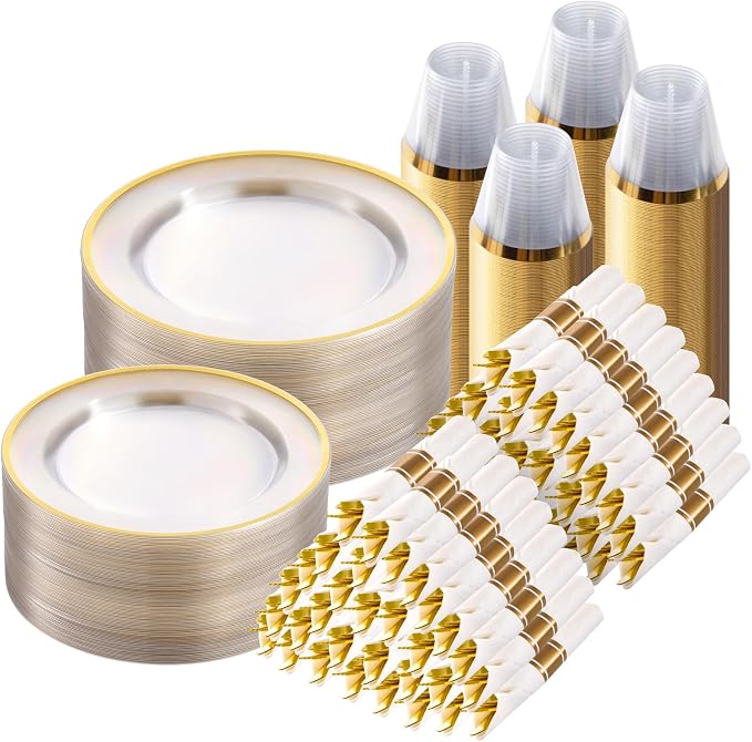 700 Piece Clear Gold Disposable Plastic Dinnerware Sets for Party | Plastic Silverware for 100, Include: 200 Plastic Plates, 100 Pre Rolled Napkins with Cutlery Sets, 100 Cups for Party