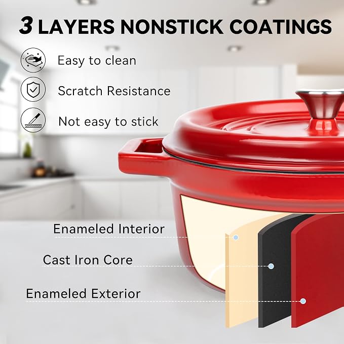Miereirl 6.5 Quart Enameled Dutch Oven Pot with Lid, Cast Iron Dutch Oven with Dual Handles for Bread Baking, Cooking, Non-stick Enamel Coated Cookware (Red)