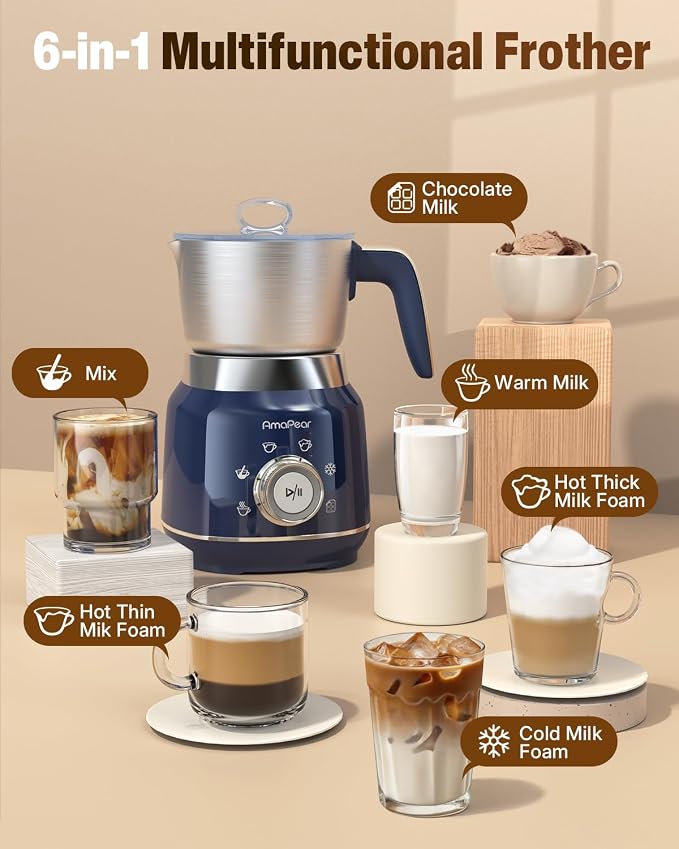 Electric Milk Frother and Steamer, 6 in 1 Hot & Cold Foam Maker for Coffee | 16.9oz/500ml Milk Warmer for Latte, Macchiato, Cappuccino, Hot Chocolate Maker, Dishwasher Safe (Blue)