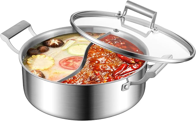 DELARLO 6.8QT Tri-Ply Stainless Steel Double-flavor Shabu Shabu Pot 12 inch | Everyday Pan with Lid, Kitchen Induction,Cooking Hot Pot, Oven Safe Stock Pot, Up to 600℉