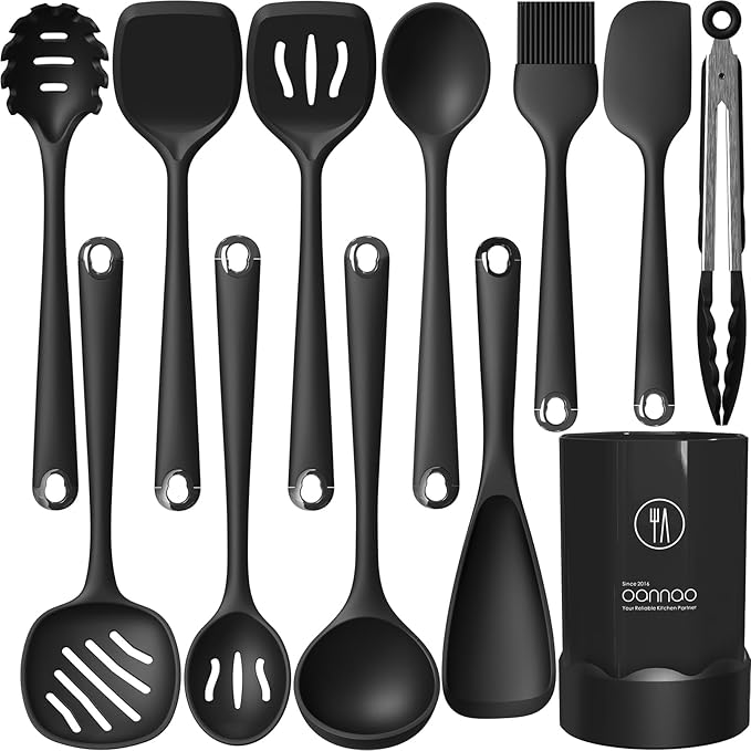 Silicone Kitchen Utensils Set,Utensils Sets for Cooking,Dishwasher Safe | Seamless Spatula Set,Nonstick Cookware, BPA-Free,Heat Resistant up to 600°F, House warming Gift,Black