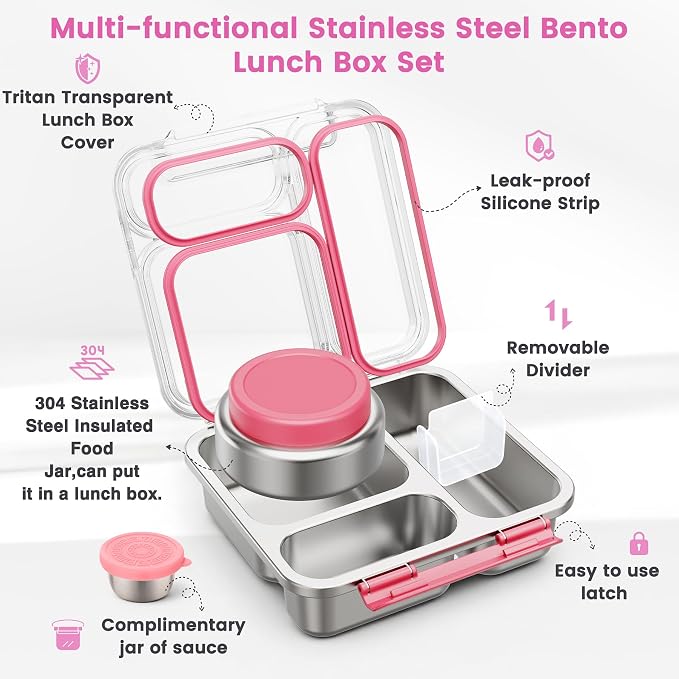 Stainless Steel Bento Box Kids Adult with 7oz Soup Thermo, Transparent Lid 3 Compartments Metal Bento Lunch Box with Insulated Food Jar,Lunch Box Container Sauce Cup for School,BPA-Free (Pink)