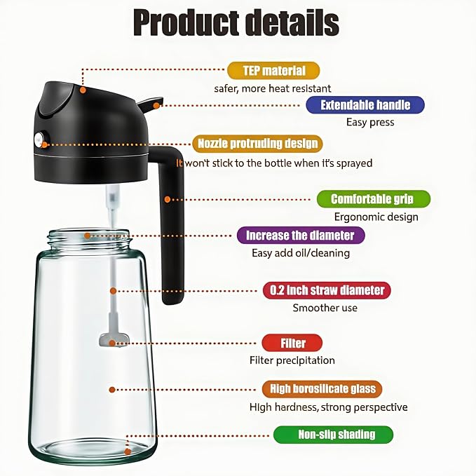 16oz/470ml Glass Olive Oil Sprayer for Cooking | 2 in 1 Oil Dispenser for Kitchen Spray and Pour, Premium Oil Bottle, Food-Grade Spray Bottle, for Salad, Air Fryer, BBQ
