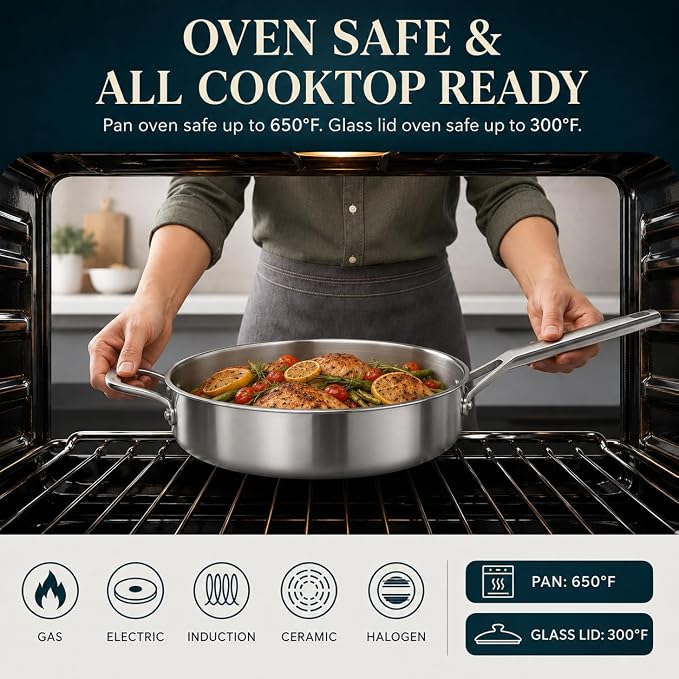 Yeksum Tri-Ply Stainless Steel Saute Pan 7 Quarts, 12 Inch Deep Frying Pan with Lids, 3-layer Large Frying Pan Skillet with Stay Cool Handle, Saute Pan with Lid, Induction Pan, Works on All Cooktops