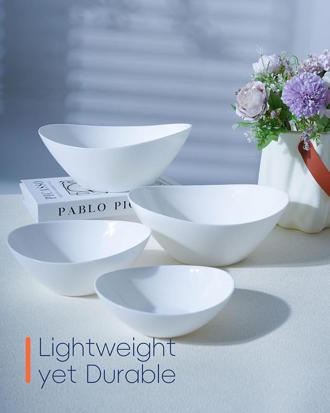 66 OZ Salad Bowl Set of 2, 10 Inch White Opal Glass Oval | Ultra-thin lightweight serving dish with microwave & dishwasher safe design, perfect for salad, fruit and kitchen use