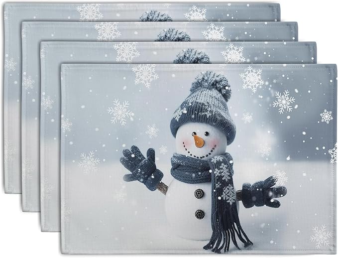 Snowman Placemats Set of 4, 12x18 Inch Winter Cute Blue Snowman Snowflake Table Mats Seasonal Christmas Holiday Washable Linen Fabric Place Mats for Farmhouse Party Kitchen Dining Decor