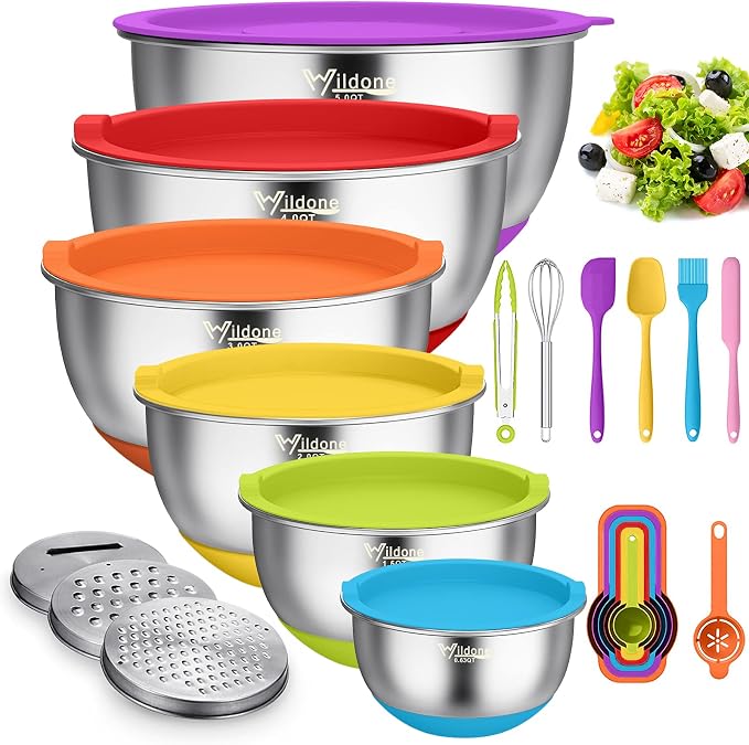 Wildone Mixing Bowls with Airtight Lids, Stainless Steel Mixing Bowls Set | Metal Bowls with 3 Grater Attachments & Non-Slip Bottom, Size 5, 4, 3, 2,1.5, 0.63QT, Includes Utensil Set for Prep, Colored