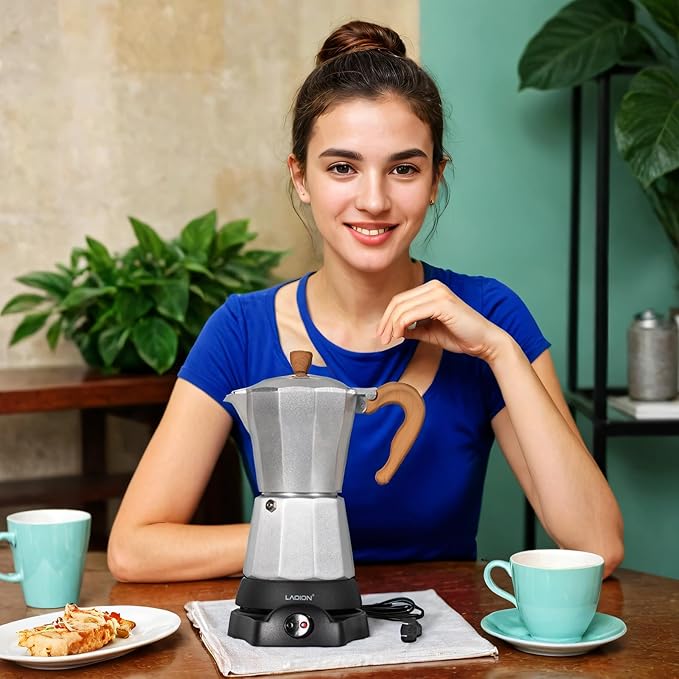 LAOION Cafeteras Electricas Modernas,6 Cup Portable Espresso Maker,300ml | Moka Pot with Detachable Base & Overheat Protection, Great for Home，Office, or Travel, a Thoughtful Gift for Coffee Lovers