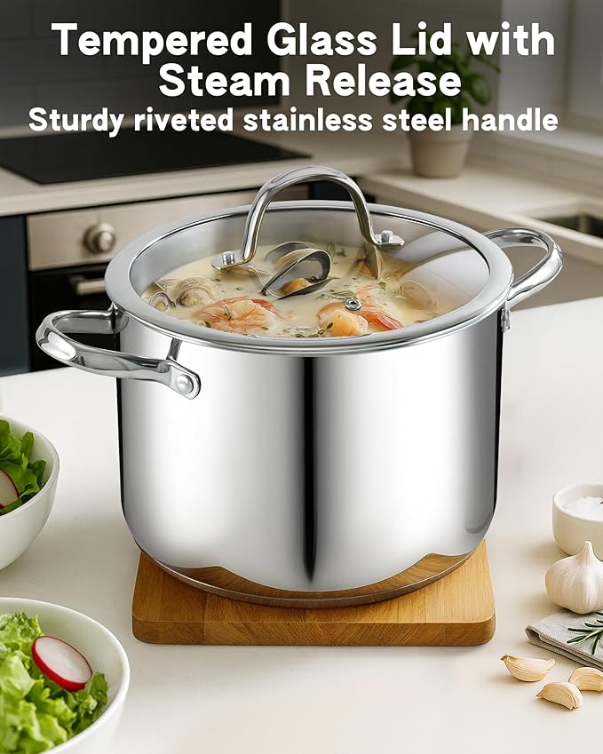 Cooks Standard Classic 8-Quart Stainless Steel Dutch Oven Casserole with Glass Lid, Large Dutch Oven Casserole for Soup, Stew, Chili & Pasta, Compatible with All Stovetops