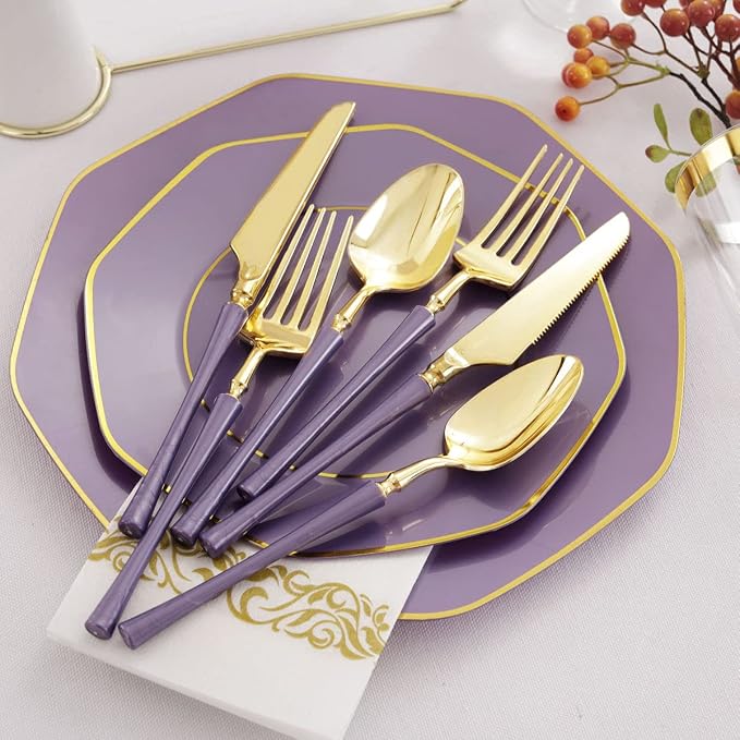 KIRE 140Pcs Purple Plates with Gold Rim - Plastic Plates for Party | Include 40pcs Purple and Gold Plates, Gold Plastic Silverware with Purple Handle&Clear Cups&Hand Napkin for Wedding