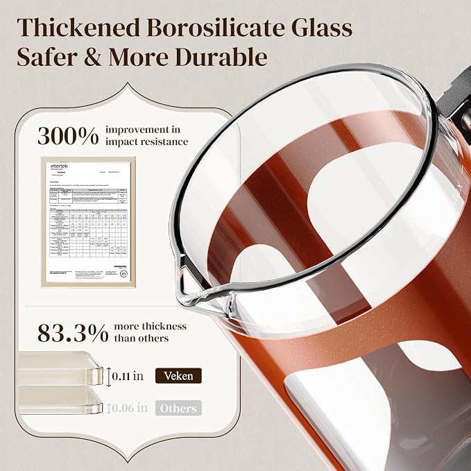 Veken French Press Coffee Maker,No Plastic Touching Cafe,34oz 1L Cafetera | Heat Resistant Thickened Borosilicate Glass Stainless Steel Brewer,Pot for Kitchen,Travel,Camping,Tea,Gifts,Copper