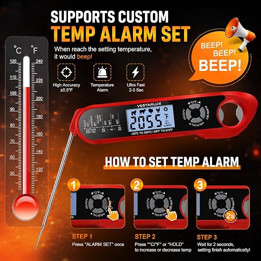 Dual Probes Digital Instant Read Meat Thermometer Waterproof Kitchen Food Cooking Thermometer Backlight, Alarm, °F/°C for BBQ Grill Smoker Steak Turkey Frying Baking Oven Water Oil