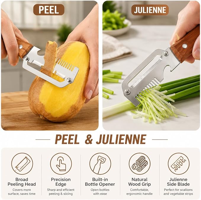 Multifunctional Vegetable Peeler,Carrot Fruit and Potato Peeler Knife, Easy-Clean Heavy Duty Stainless Steel 3-In-1 Kitchen Gadgets with Scallion Shredder and Bottle Opener, 2 Pack