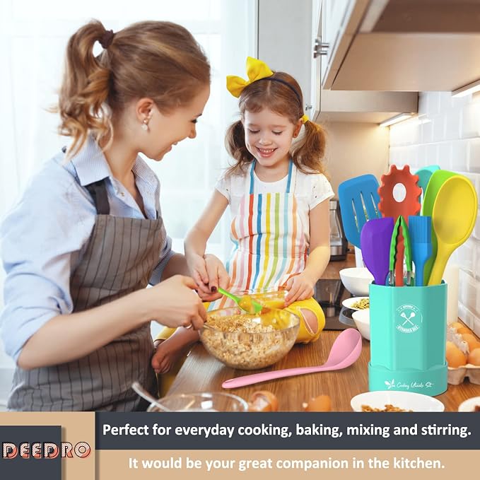 Silicone Kitchen Utensils Set, 16-Piece Silicone Cooking Utensils by Deedro | Heat Resistant Kitchen Tools Set with Holder, Nonstick Spatula Kitchen Gadgets for Cooking & Baking, Colorful