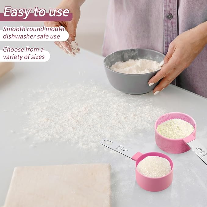 Measuring Cups Set Measuring Spoons Set, Nesting Measure Cups with Stainless Steel Handle, For Measuring Dry and Liquid Ingredients Small Teaspoon with Plastic Head (Pink)