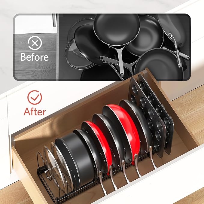 Pots and Pans Organizer under Cabinet, 11.8-22.8" 12 Dividers Black | Extends 11.8-22.8", Holds pot lids, pans, cookware and bakeware, Adjustable dividers, for under cabinet or countertop