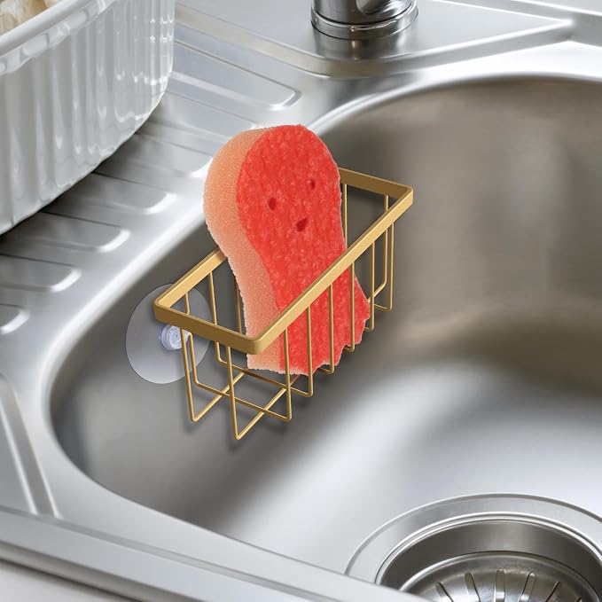 HLOOL Gold Sponge Holder for Kitchen Sink,Kitchen Sink Sponge Holder-Gold | Rustproof Kitchen Sink Organizer for Sponge, Brushes, Stoppers and Scrapers Storage Accessories