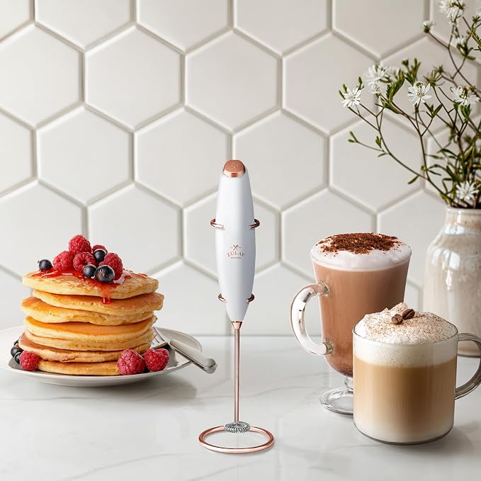 Zulay Kitchen Powerful Milk Frother Wand With Duracell Batteries - Ultra Fast Handheld Drink Mixer - Electric Whisk Foam Maker for Coffee, Lattes, Cappuccino & Matcha - Z1 Motor - White & Rose Gold