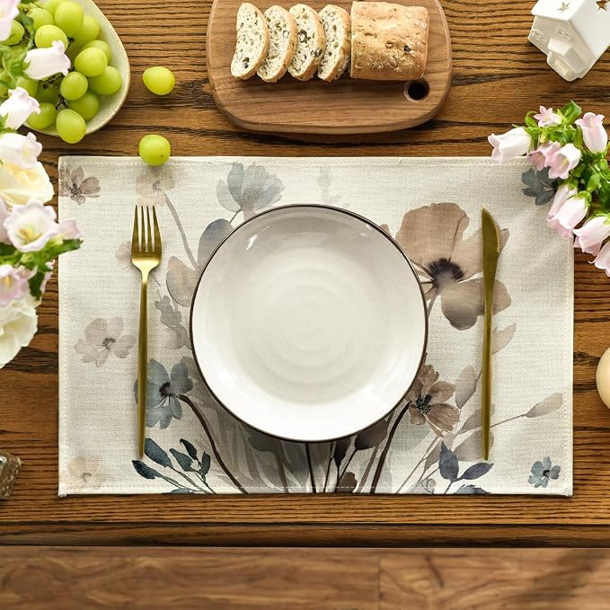 Artoid Mode Brown Poppy Floral Leaves Fall Placemats Set of 4, 12x18 Inch Seasonal Spring Table Mats for Party Kitchen Dining Decoration