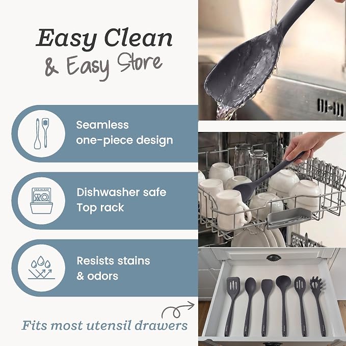 Starpack Like a Boss XL Silicone Cooking Utensils Set (6-Piece, 13.5") - LFGB Certified, 600°F Heat Resistant, BPA-Free - Heavy-Duty Steel Core, Dishwasher Safe - for Nonstick Cookware, Gray Black