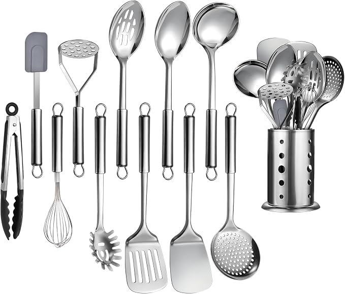 12 Pcs Stainless Steel Cooking Utensils Set, Metal Kitchen Tools Include Utensil Holder, Solid & Slotted Spatula, Spoon, Ladle, Pasta Server, Potato Maseher, Egg Whisk,Cooking Tong, Flexible Spatula