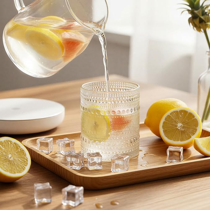 Moretoes Cocktail Glasses10 OZ Hobnail Drinking Glasses Set of 6 | Vintage Whiskey Glassware, Textured Glass Cups Bubble Glasses Water Glasses Old Fashion Jupiter Glasses Set (Clear)