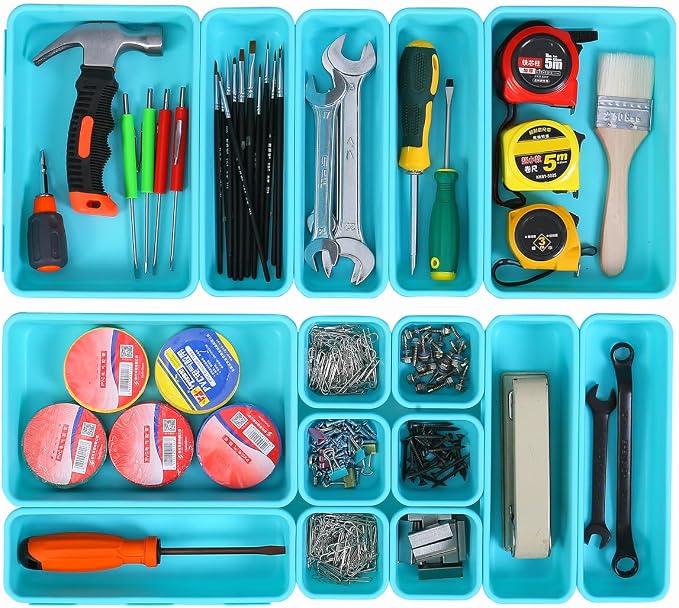 Kutesna 15PCS Interlocking Drawer Organizer, Plastic Desk Organizer Set | 3-Size Versatile Storage Bins,BPA-free,Non-slip, Fits Any Drawer for Cosmetics,Bathroom, Tools,Kitchen and Office（Blue&Green）