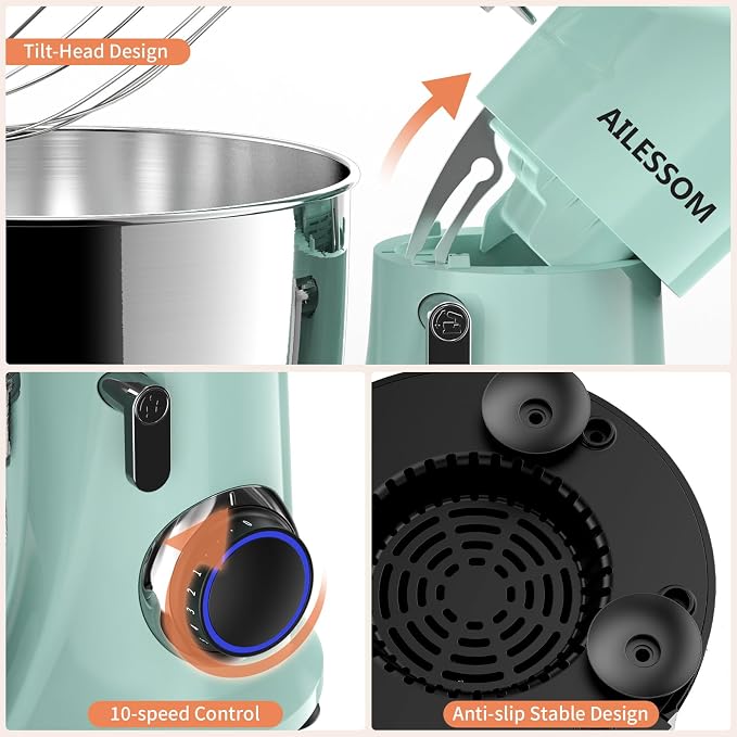 Stand Mixer, 6.5QT Tilt-Head Electric Kitchen Mixer, 10-Speed Household food mixer with 311 Stainless Steel Bowl, Dough Hook, Whisk & Beater, Splash Guard, Ideal for Baking Bread, Cake & Whipping