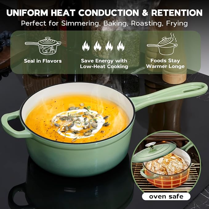 Onader 3QT Sauce Pan with Lid, Enameled Cast Iron Saucepan, Small Dutch Oven Cooking Kitchen Pot, Nonstick & Heavy Duty – Pistachio Green