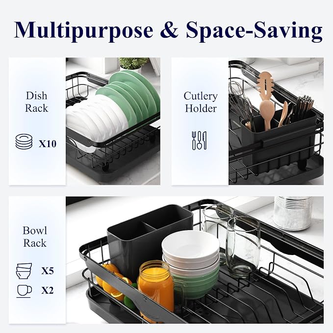 Kitsure Dish Drying Rack for Kitchen Counter, 12.2''W x 15.7''~23''L, Black | Stainless Steel Sink Organization, Cutlery Holder, Home and Appartment Decor