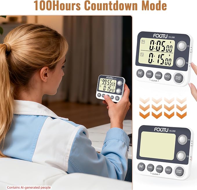Digital Dual Kitchen Timer, 2Groups Count Up/Down Timer for Cooking | Large Display, Magnetic Back, Memory Presets, Loud Alarm, LED Alert, Stand, On/Off, 100Hr Max, 3A Battery Included