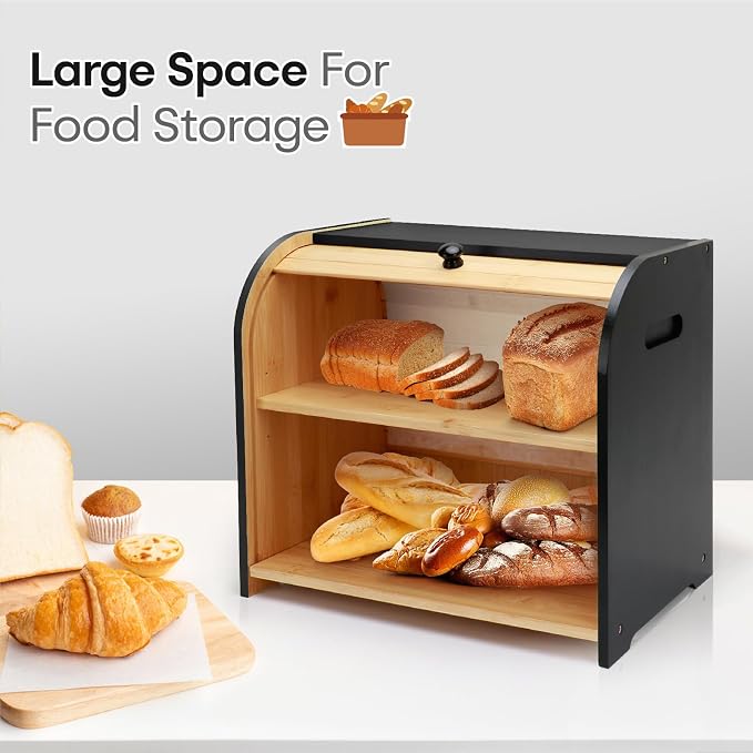 Bread Box for Kitchen Countertop, Two Layer Roll Top Bread Holder | 3 Adjustable Height, Large Capacity, Bamboo Bread Storage Container for Homemade Bread,Breadbox Organizer for Kitchen Counter