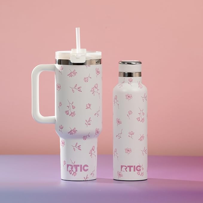 RTIC 40 oz Road Trip Tumbler Double-Walled Cermaic Lined Insulated Stainless Steel Portable Travel Coffee Mug Cup with Lid, Handle and Straw, Pink Magnolias
